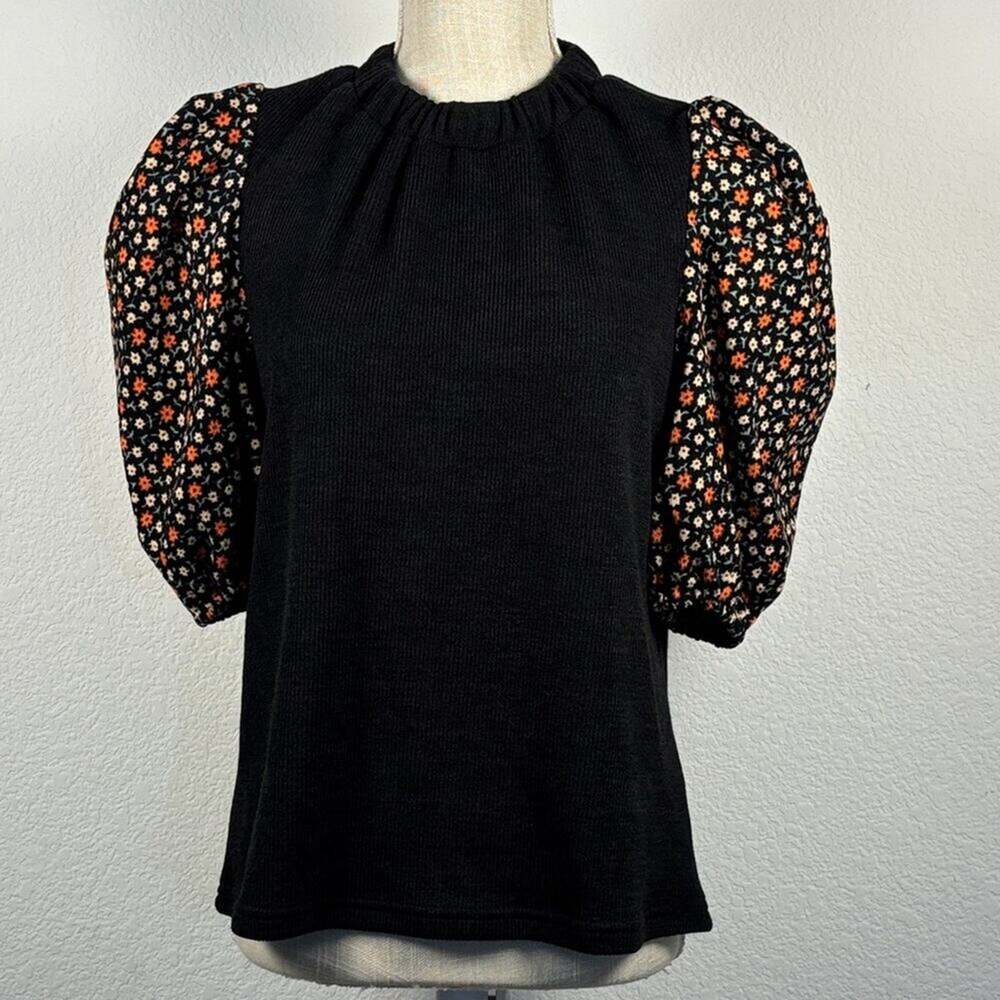 THML Black Rib Knit Floral Corduroy Puff Sleeve Top Shirt SMALL NWT NEW Workwear